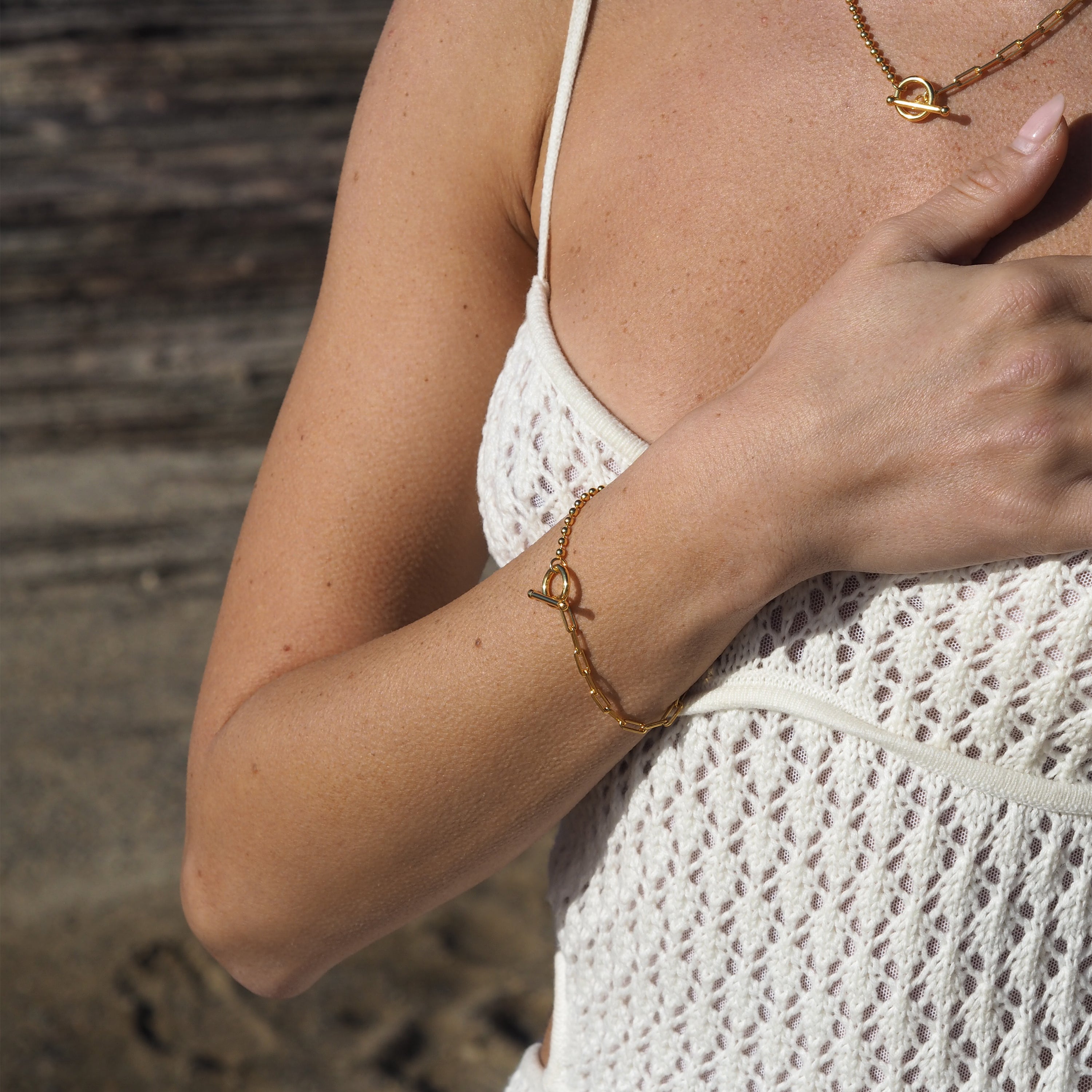 Gold Plated Sterling Silver T-Bar Paperclip Ball Chain Bracelet
