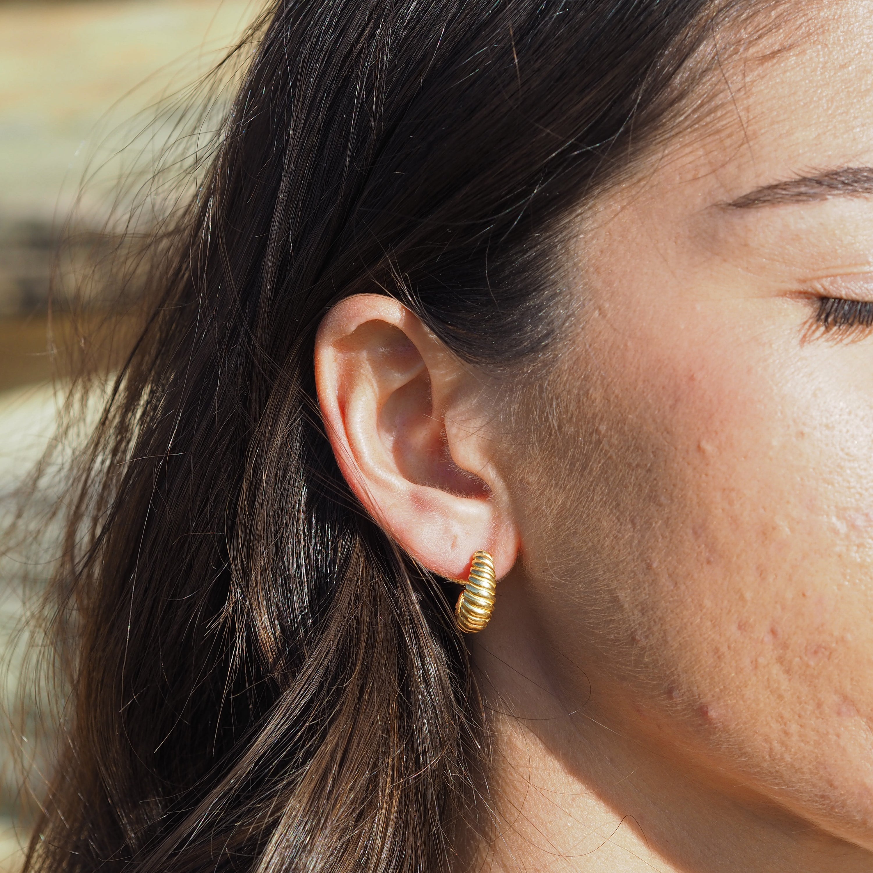 Gold Plated Sterling Silver Twist Rope Open Hoop Stud Earrings