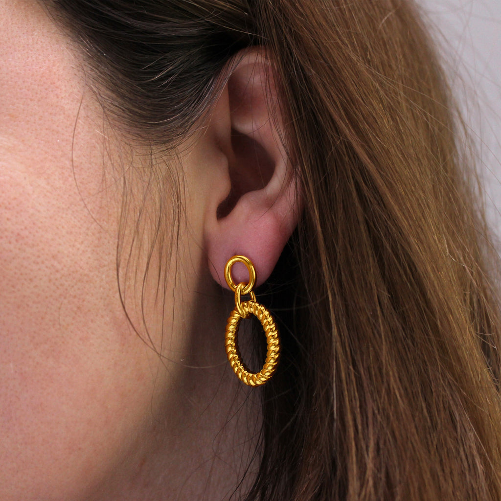 Gold Plated Sterling Silver Double Oval Twist Rope Stud Drop Dangle Earrings