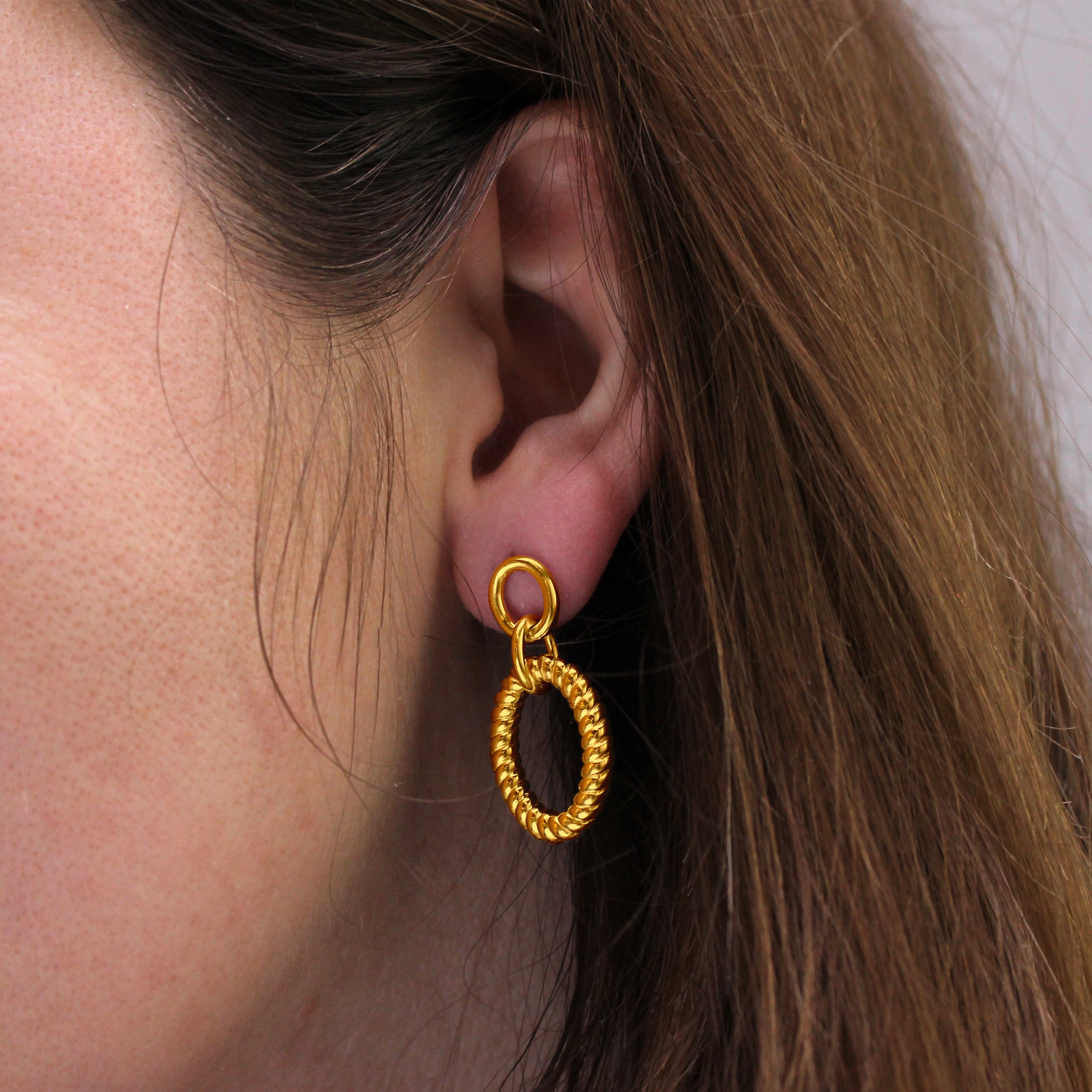 Gold Plated Sterling Silver Double Oval Twist Rope Stud Drop Dangle Earrings