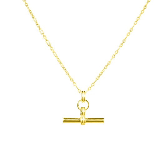 Gold Plated Sterling Silver T-Bar Ridged Pendant Necklace