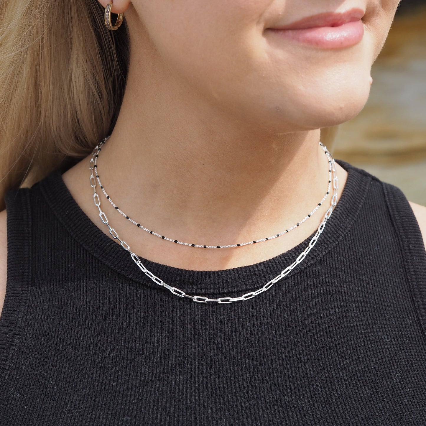 Fine Sterling Silver & Black Enamel Confetti Chain Necklace - 16 Inches