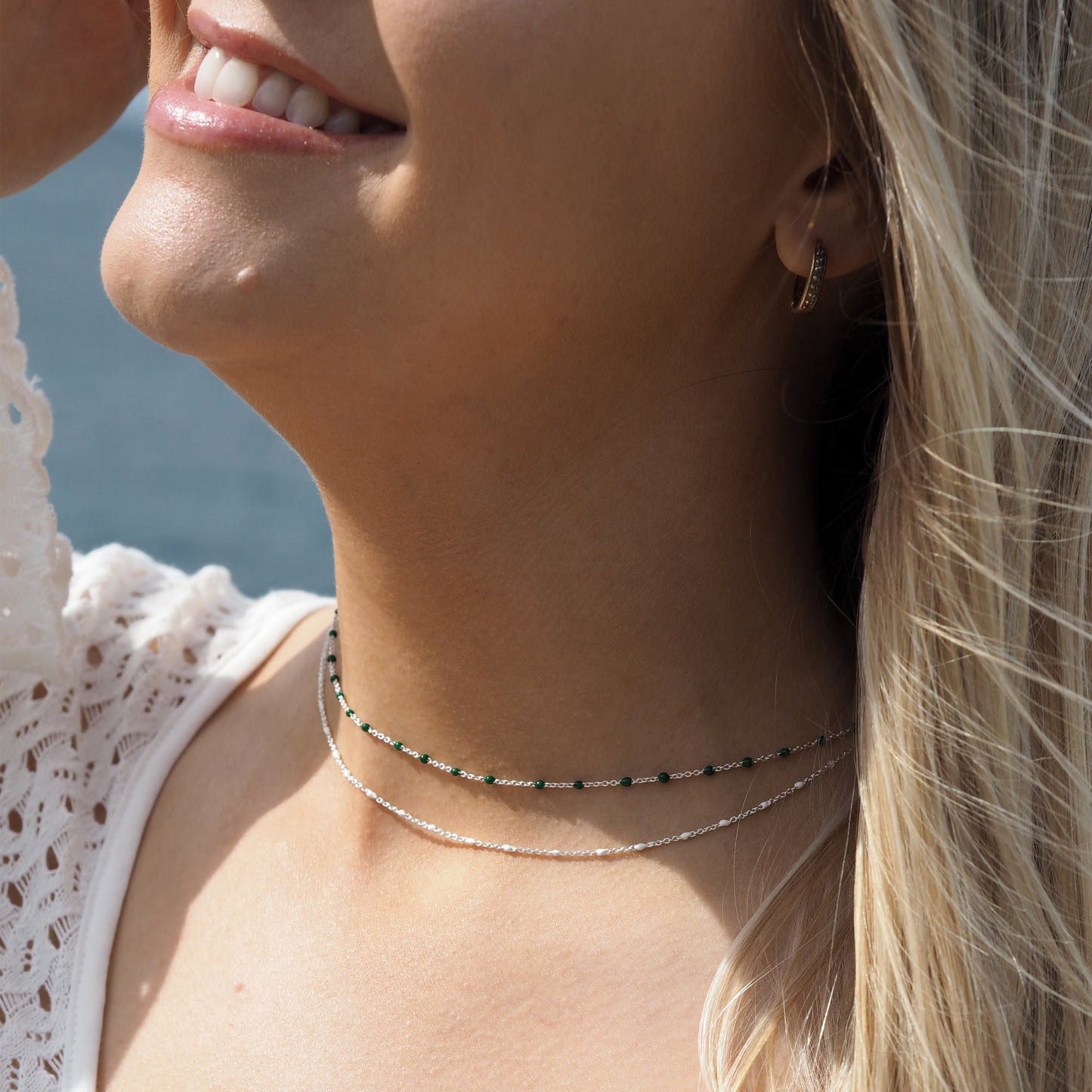 Fine Sterling Silver & Green Enamel Confetti Chain Necklace - 16 Inches