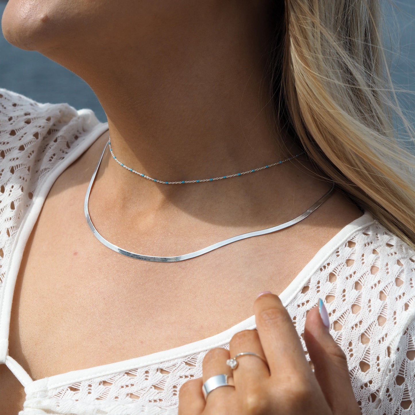 Fine Sterling Silver & Blue Enamel Confetti Chain Necklace - 16 Inches