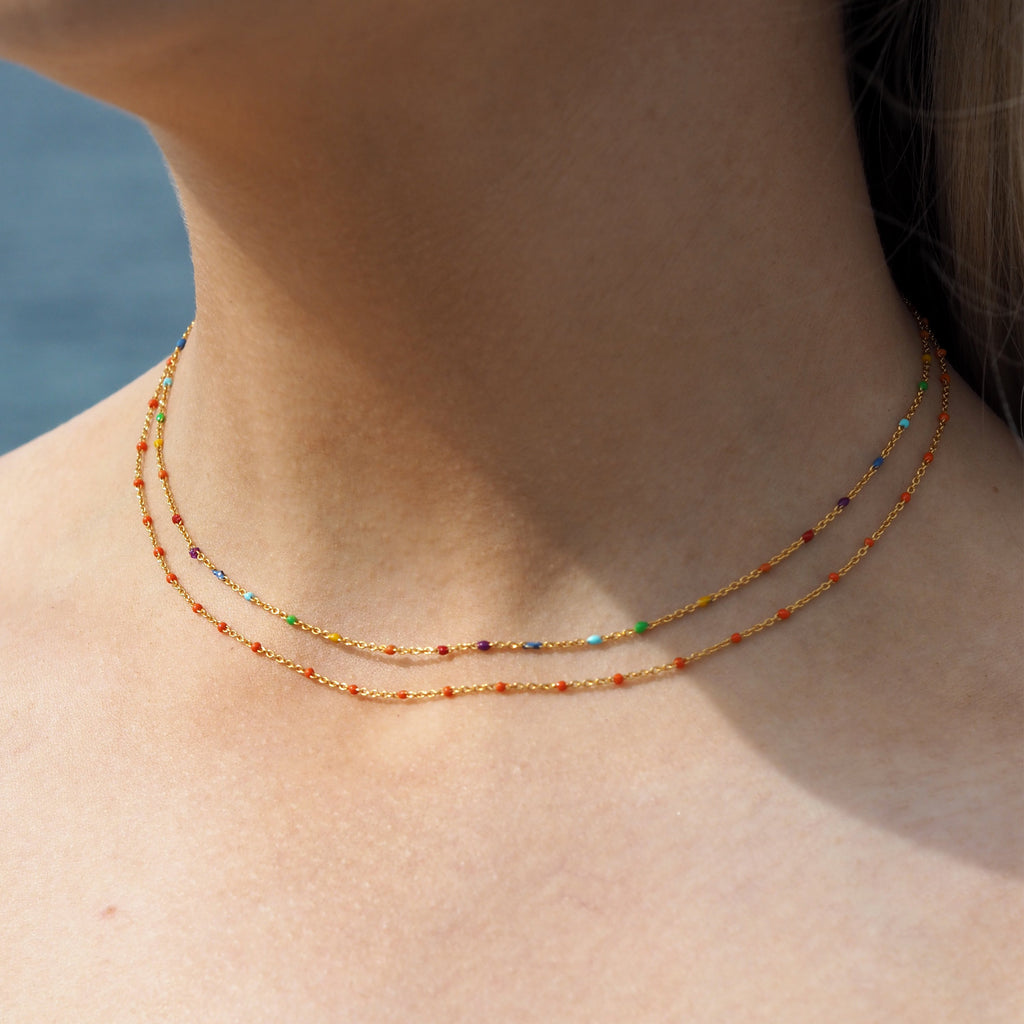 Fine Gold Plated Sterling Silver & Rainbow Enamel Confetti Chain Necklace - 16 Inches