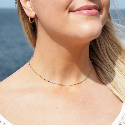 Fine Gold Plated Sterling Silver & Rainbow Enamel Confetti Chain Necklace - 16 Inches