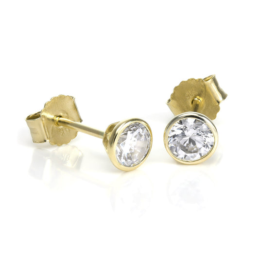 9ct Gold & 4mm Round Clear CZ Crystal Rubover Stud Earrings