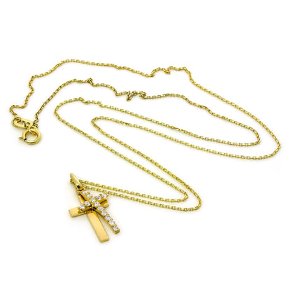 9ct Gold & CZ Crystal Encrusted Double Cross Pendant Necklace 16-20 Inches