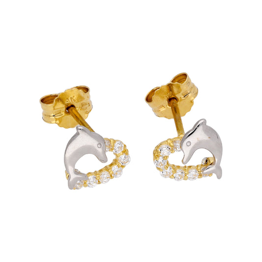 9ct Gold & CZ Crystal Open Heart & Dolphin Stud Earrings