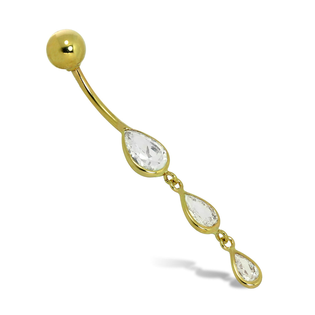 9ct Gold & Triple Teardrop CZ Crystal Ball End Belly Bar Piercing