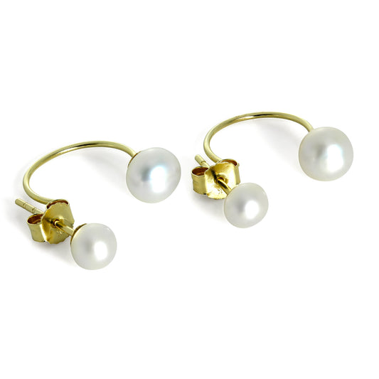 9ct Gold Double Freshwater Pearl Stud Half Hoop Earrings