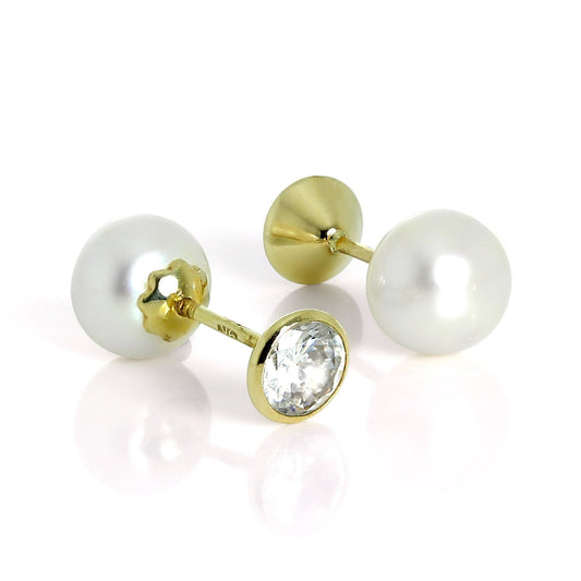 9ct Gold Freshwater Pearl & 5mm Round CZ Crystal Double Sided Stud Earrings - jewellerybox