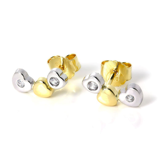 9ct White & Yellow Gold Triple Heart Stud Earrings with CZ Crystals