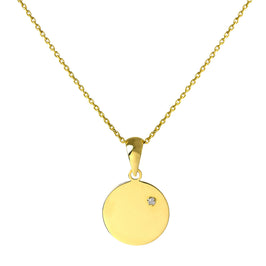 9ct Gold Engravable Round Pendant with Tiny Diamond on 16 - 20 Inch Chain