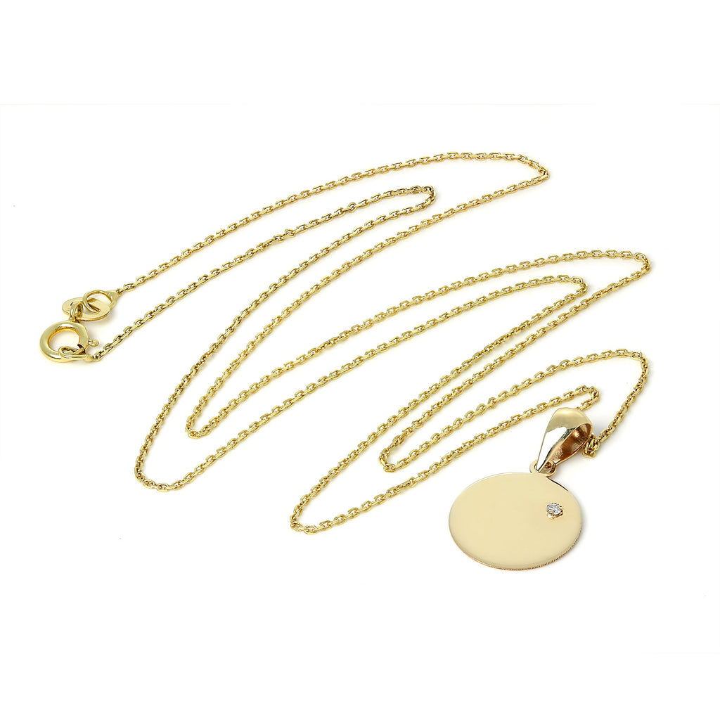 9ct Gold Engravable Round Pendant with Tiny Diamond on 16 - 20 Inch Chain