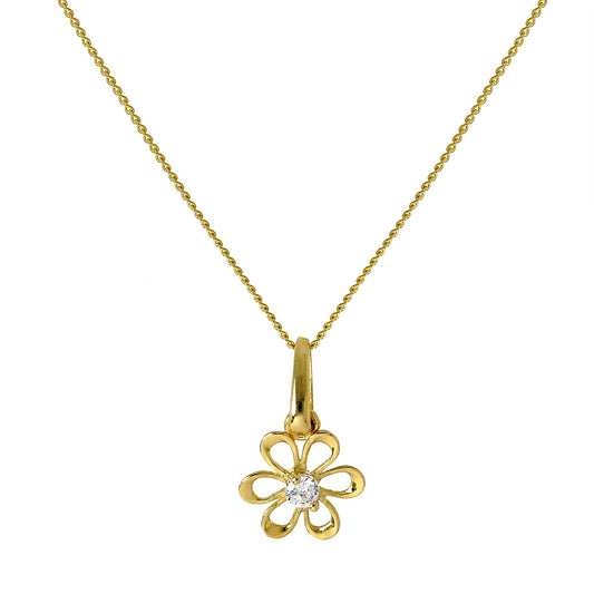 9ct Gold Cut Out Flower Pendant with CZ Crystal on Chain