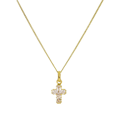 9ct Gold Small CZ Crystal Cross Pendant Necklace 16 - 20 Inches