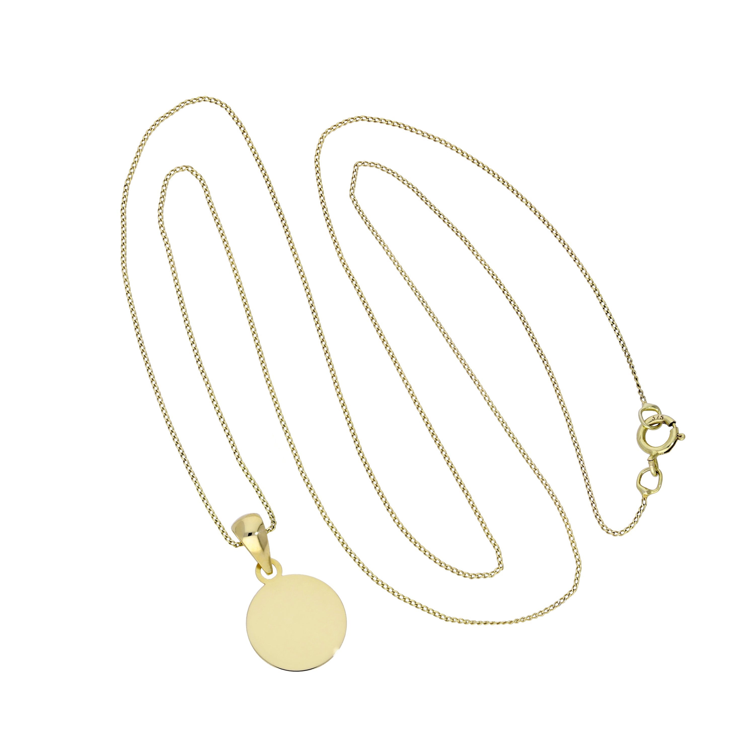 9ct Gold Engravable Round Pendant Necklace 16 - 20 Inches Chain