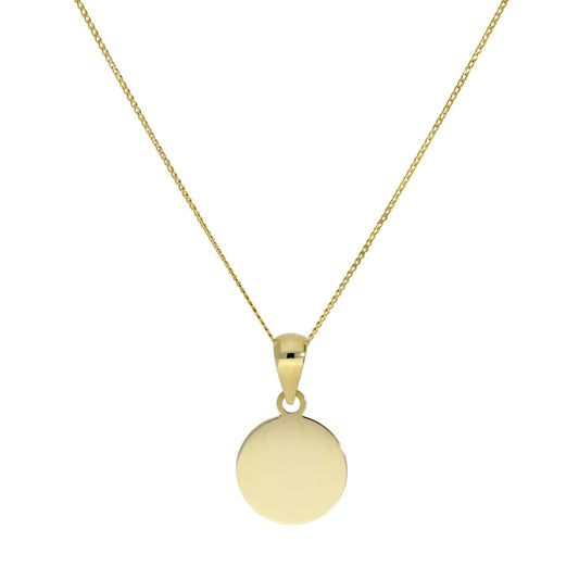 9ct Gold Engravable Round Pendant Necklace 16 - 20 Inches Chain