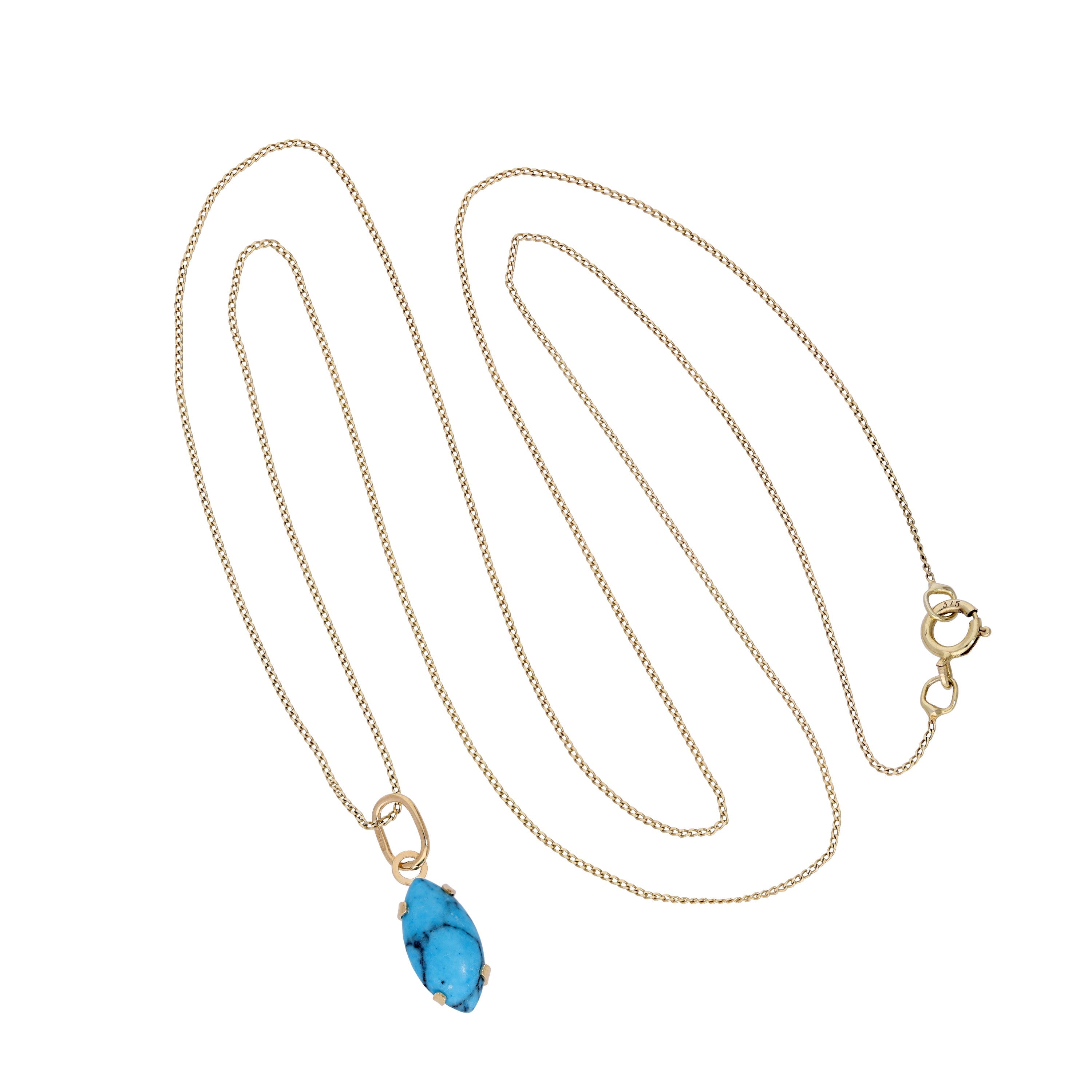 9ct Gold & Turquoise Stone Oval Pendant Necklace 16 - 20 Inches