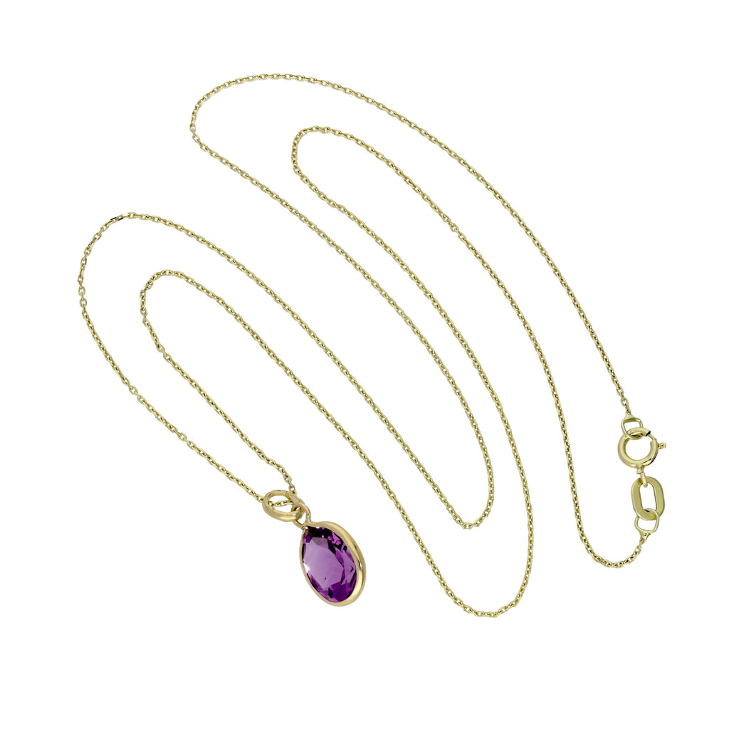 9ct Gold & Amethyst CZ Crystal Oval Pendant Necklace 16 - 20 Inches