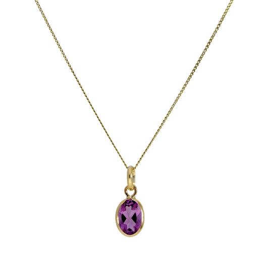 9ct Gold & Amethyst CZ Crystal Oval Pendant Necklace 16-20 Inches