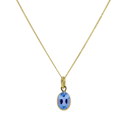 9ct Gold & Aquamarine CZ Crystal Oval Pendant Necklace 16-20 Inches