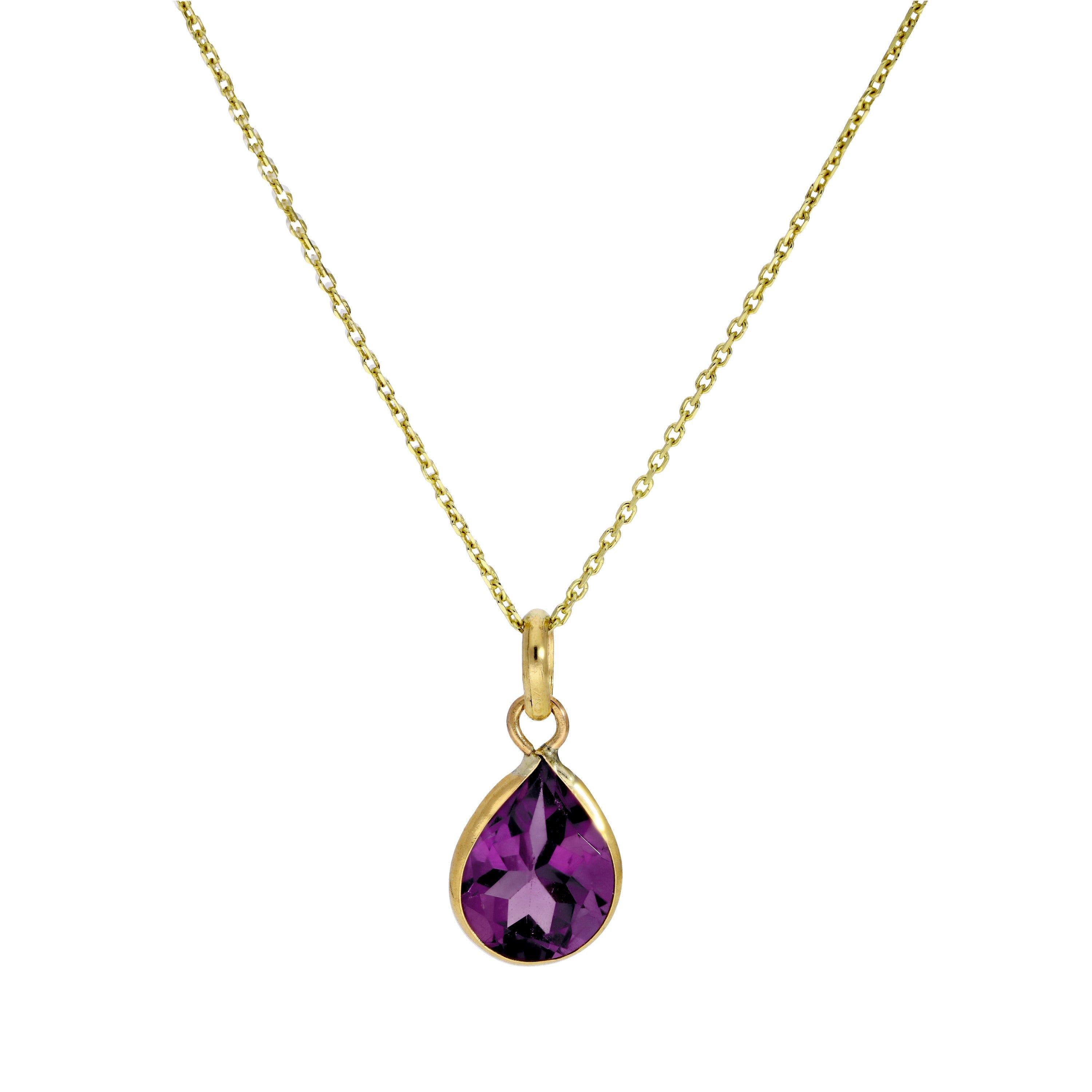 9ct Gold & Amethyst CZ Crystal Teardrop Pendant Necklace 16 - 20 Inches
