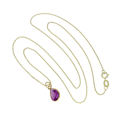 9ct Gold & Amethyst CZ Crystal Teardrop Pendant Necklace 16 - 20 Inches