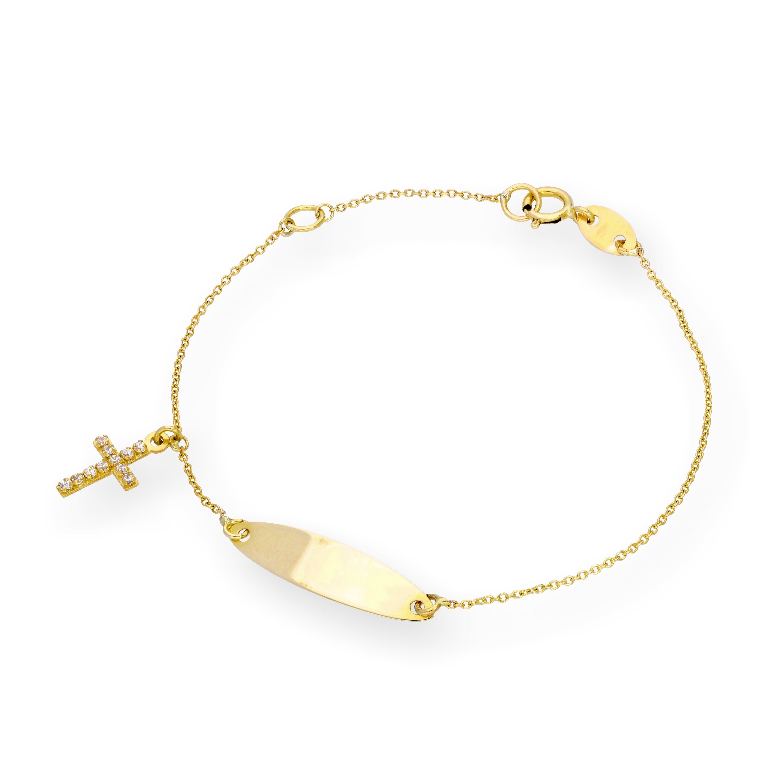9ct Gold & CZ Crystal ID Plate & Cross Childs Bracelet