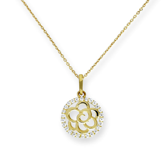 9 Karat Gold & CZ Kristall Offen Blume Anhänger Halskette 40,5 - 51cm