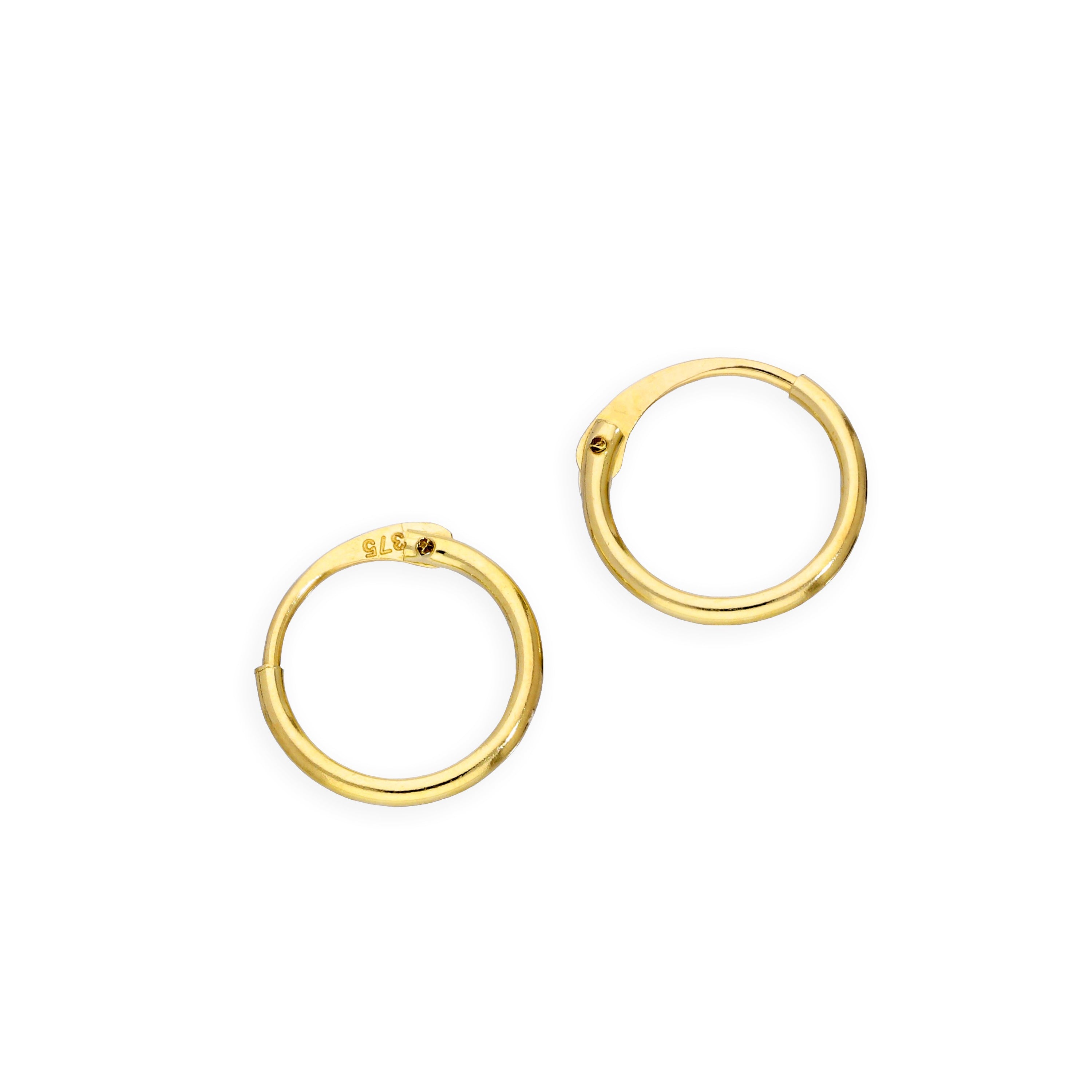 9ct Gold 1mm Tube Hoop Earrings 8mm - 20mm