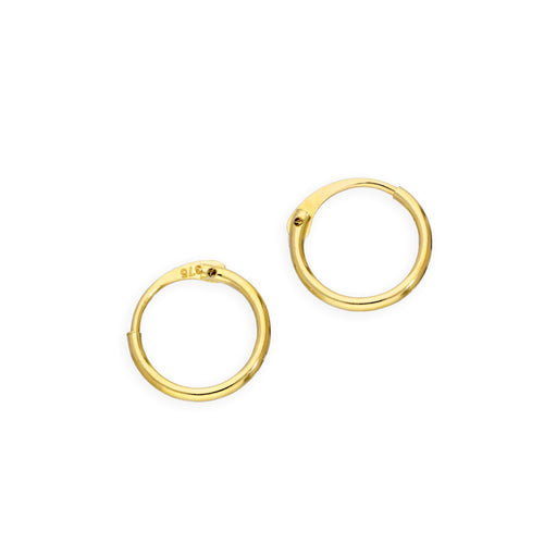 9ct Gold 1mm Tube Hoop Earrings 8mm - 20mm