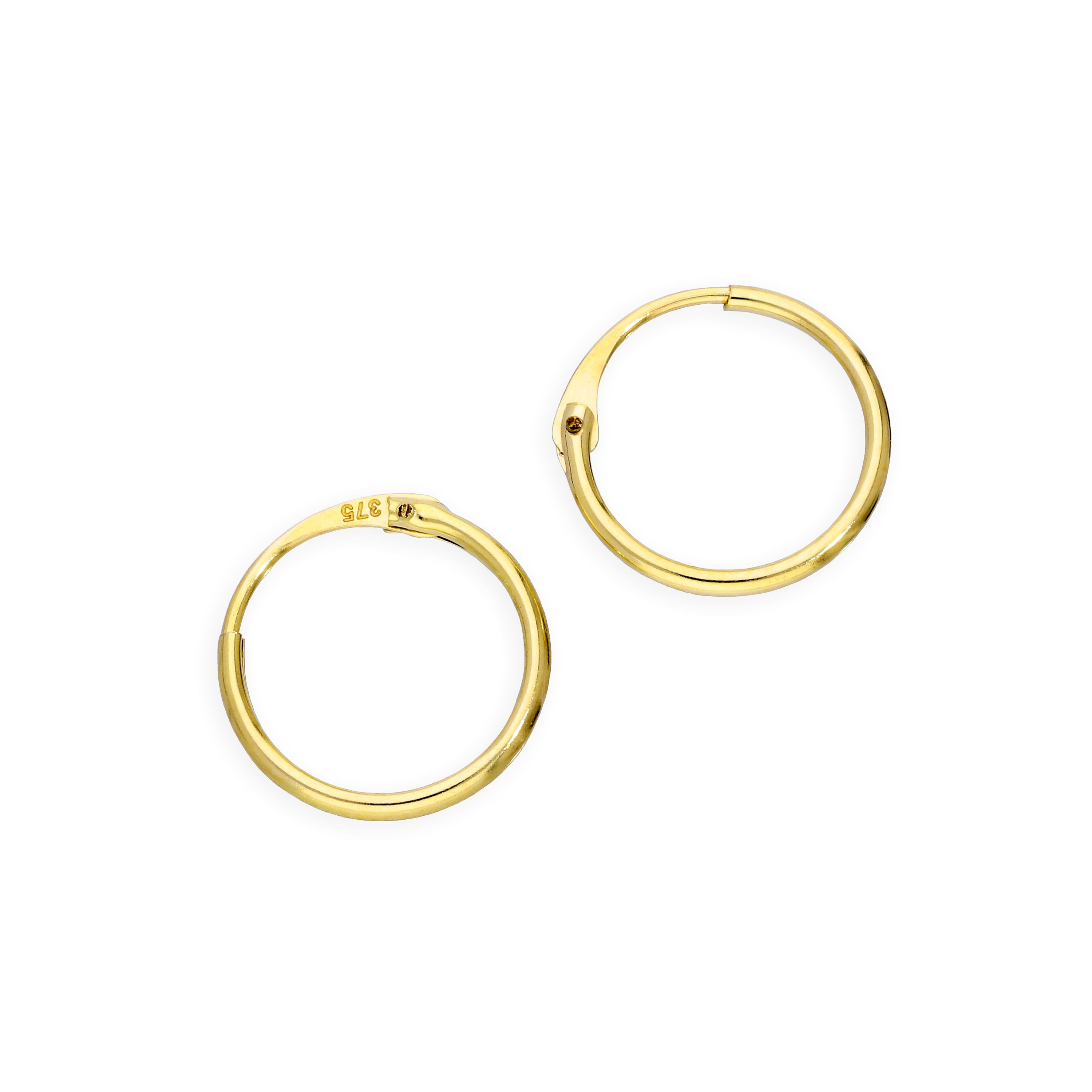 9ct Gold 1mm Tube Hoop Earrings 8mm - 20mm