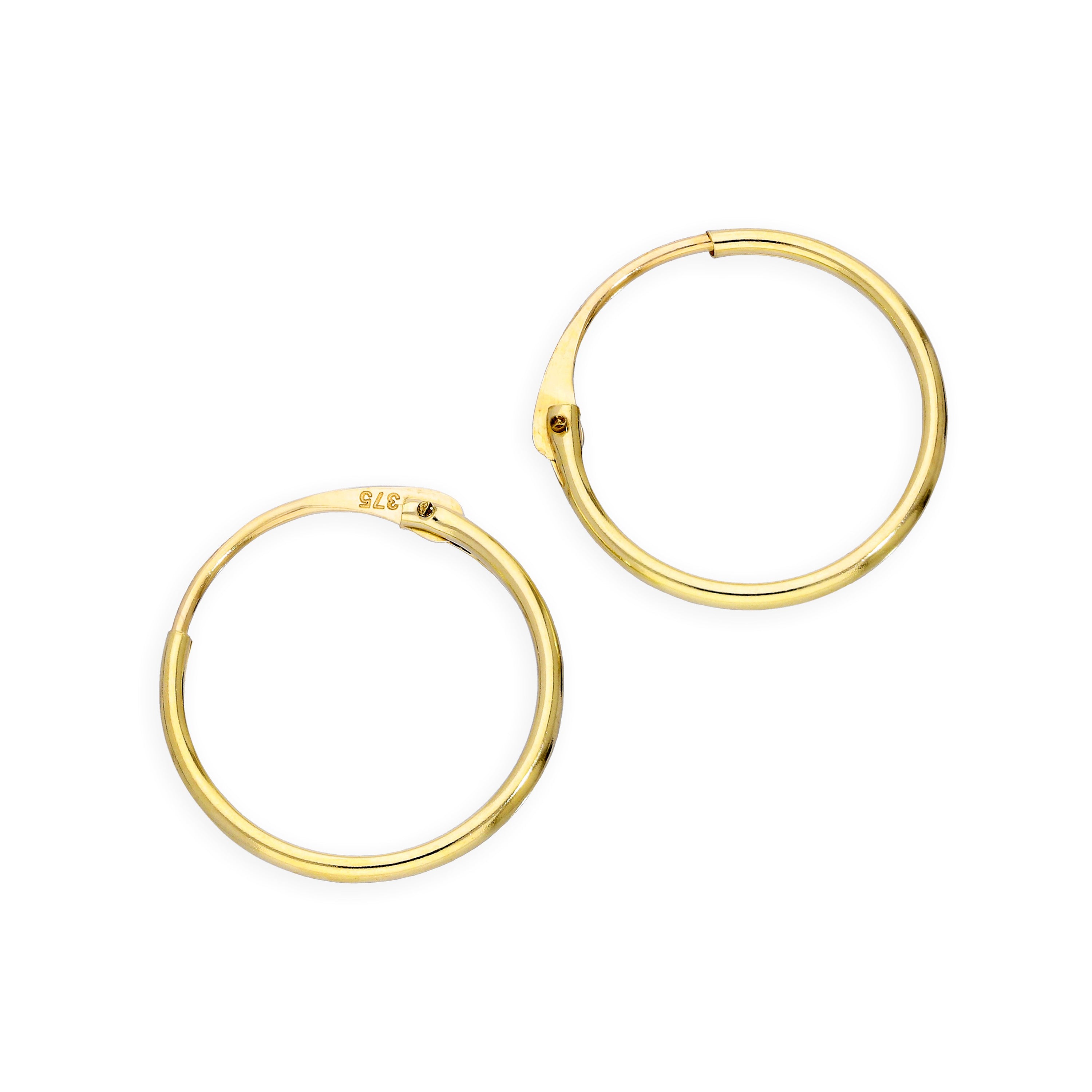 9ct Gold 1mm Tube Hoop Earrings 8mm - 20mm