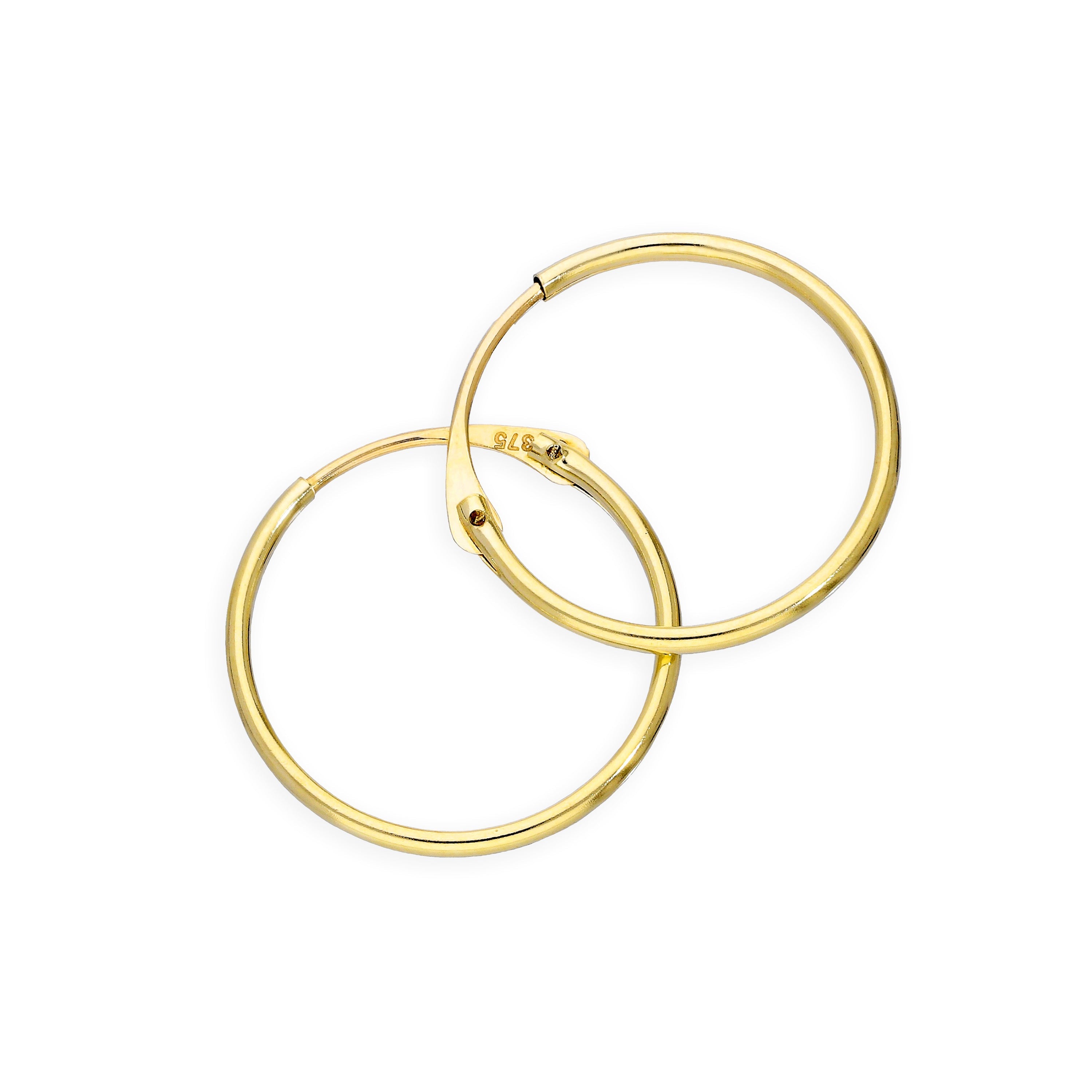 9ct Gold 1mm Tube Hoop Earrings 8mm - 20mm