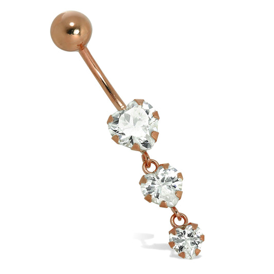 9ct Rose Gold & Clear CZ Crystal Triple Heart Belly Bar