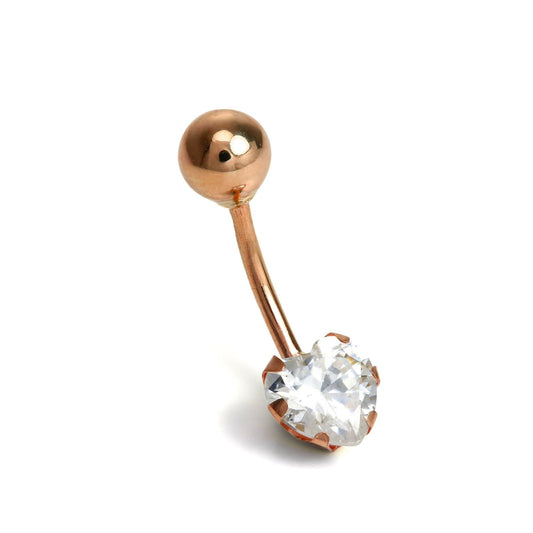 9ct Rose Gold & Clear CZ Crystal Heart Belly Bar - jewellerybox