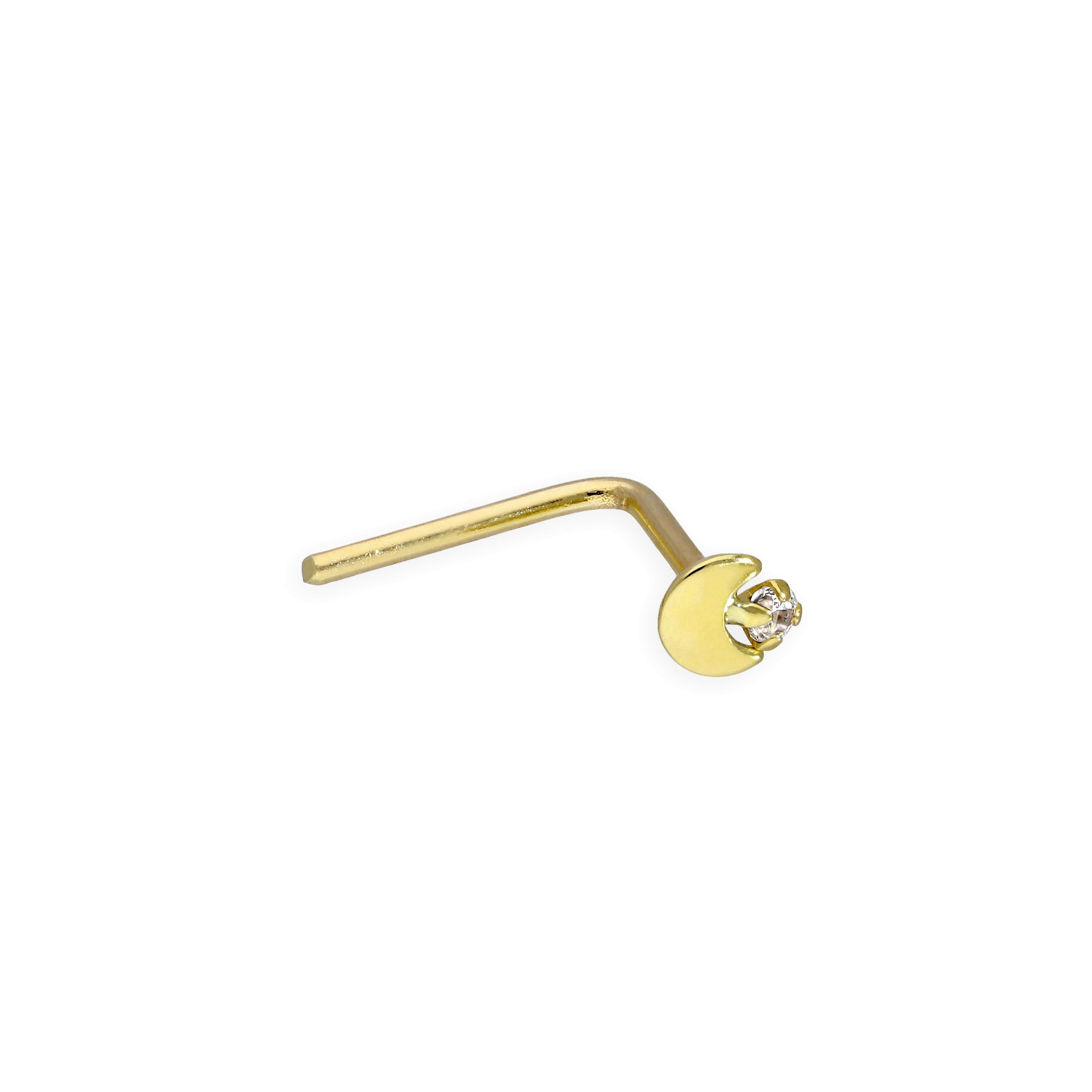 9ct Gold & Clear CZ Crystal 23Ga Moon & Star L-Shaped Nose Stud