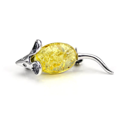 Sterling Silver & Baltic Amber Mouse Brooches - 3 Colours