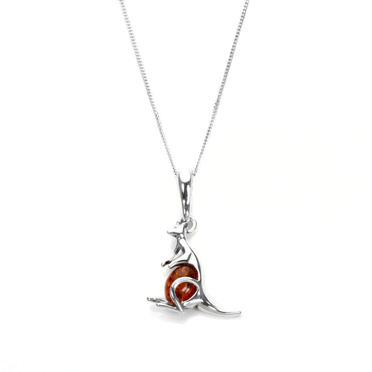 Sterling Silver & Baltic Amber Kangaroo Pendant - 16 - 22 Inches