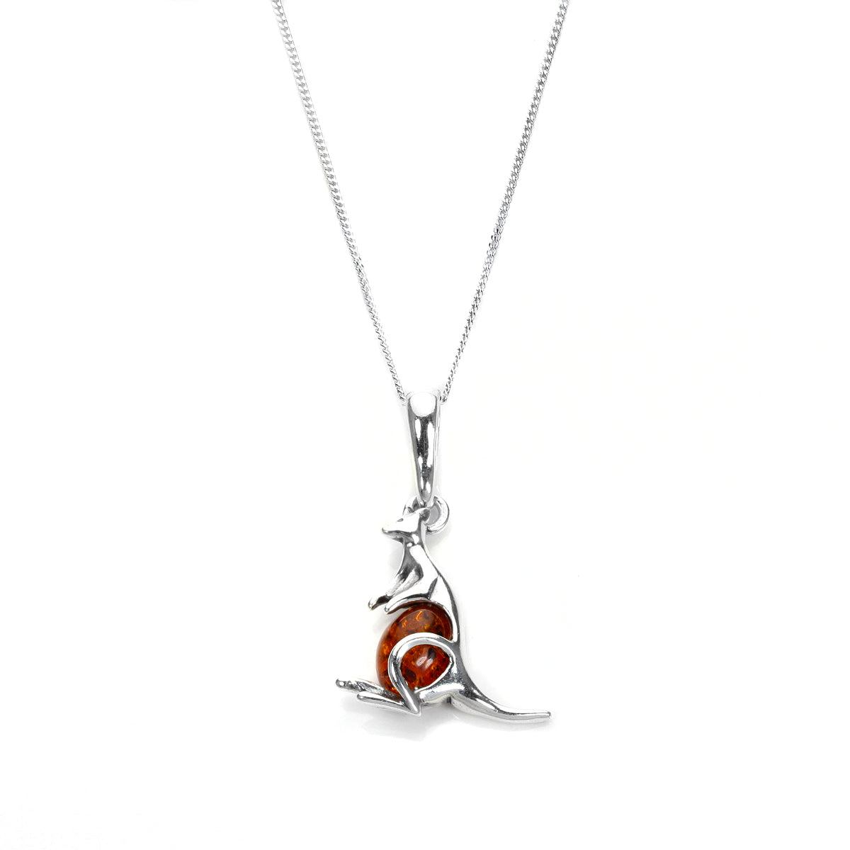 Sterling Silver & Baltic Amber Kangaroo Pendant - 14 - 32 Inches