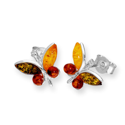 Sterling Silver & Multicoloured Baltic Amber Butterfly Stud Earrings