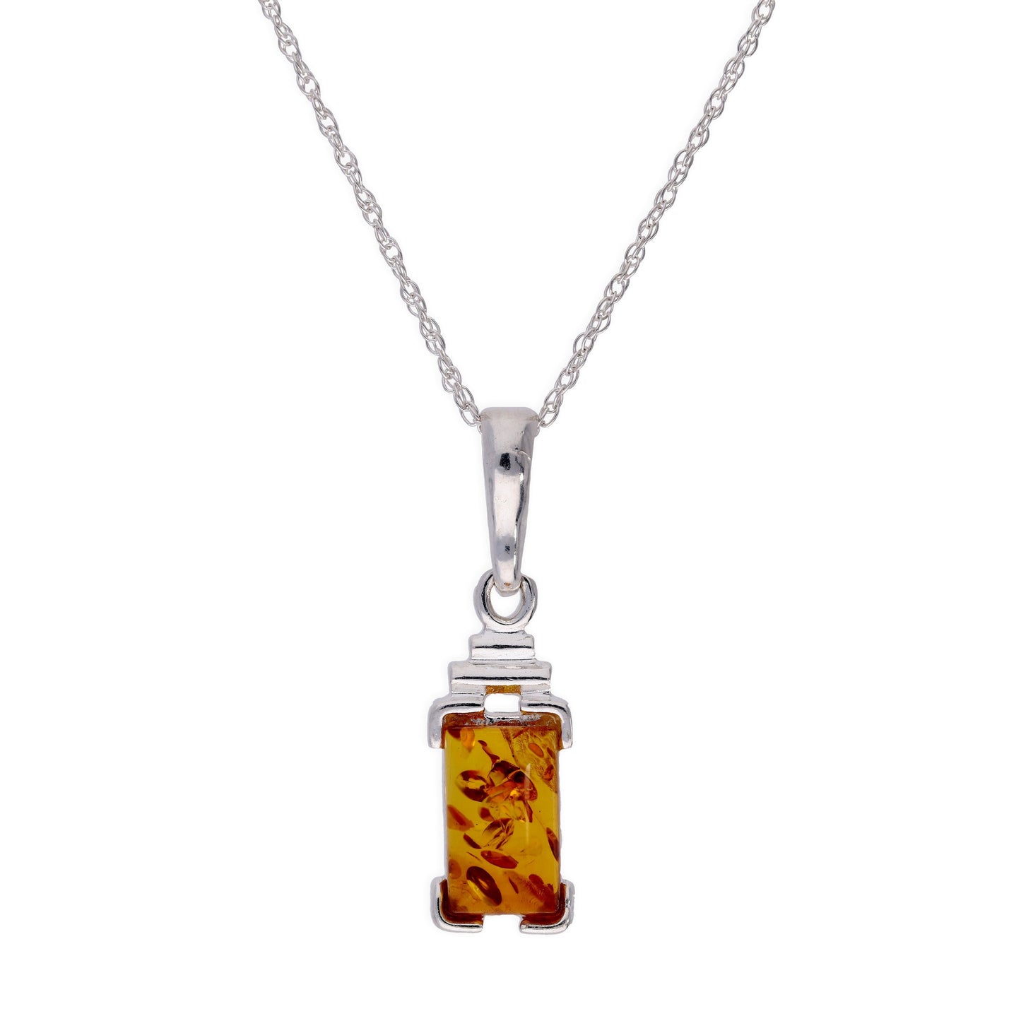 Sterling Silver & Baltic Amber Rectangular Pendant Necklace 16 - 22 Inches