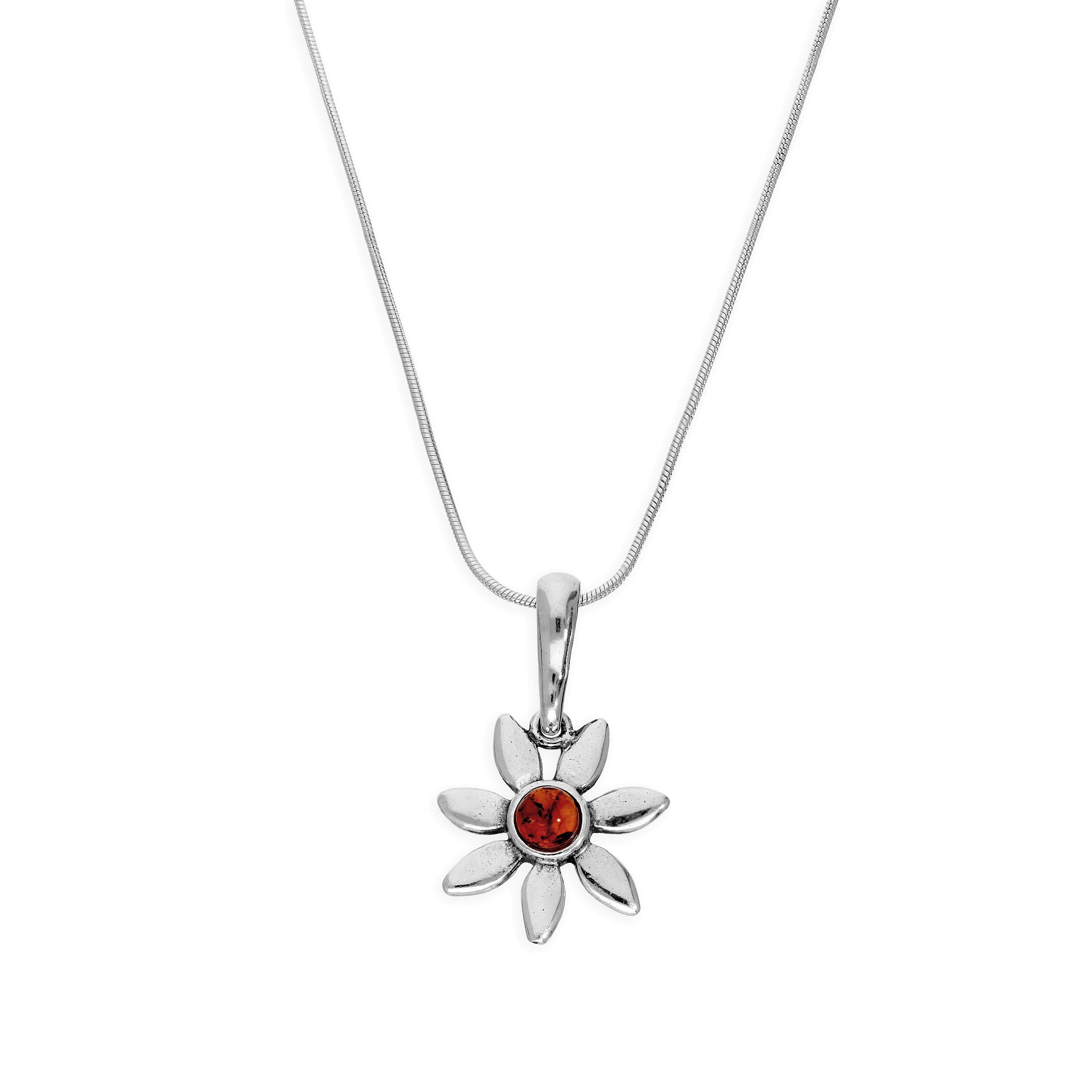 Sterling Silver & Baltic Amber Flower Pendant Necklace 18 - 22 Inches