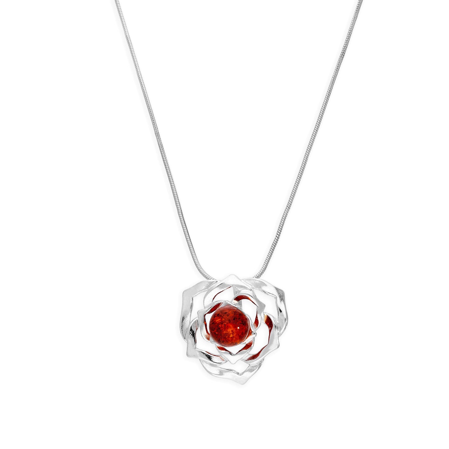 Sterling Silver & Baltic Amber Rose Outline Pendant Necklace 14 - 22 Inches