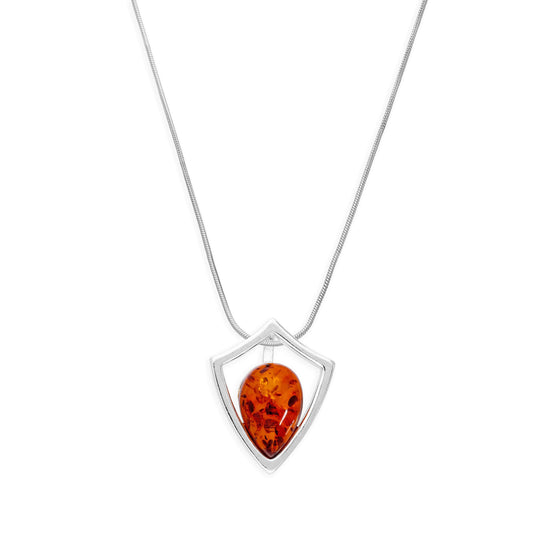 Sterling Silver & Baltic Amber Shield Outline Pendant Necklace 14 - 22 Inches