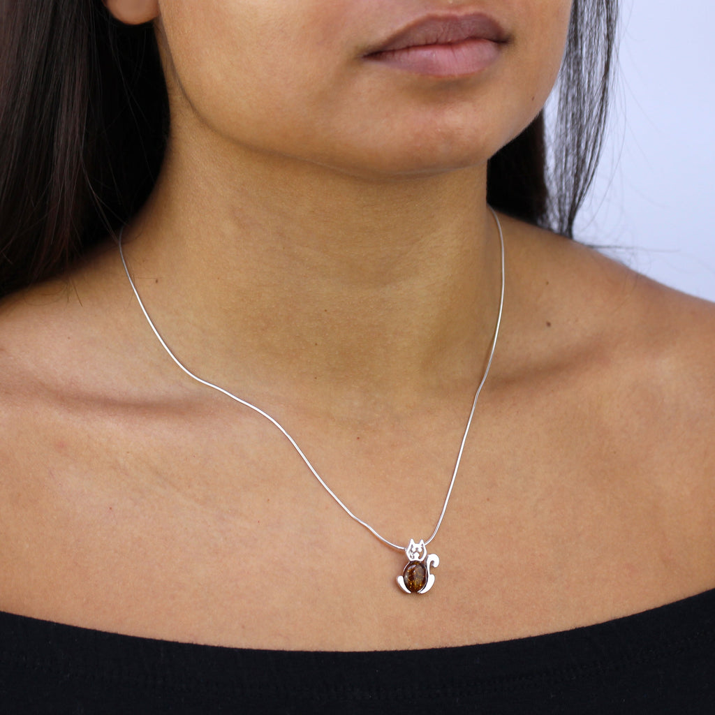 Sterling Silver & Baltic Amber Cat Outline Pendant Necklace 18 - 22 Inches
