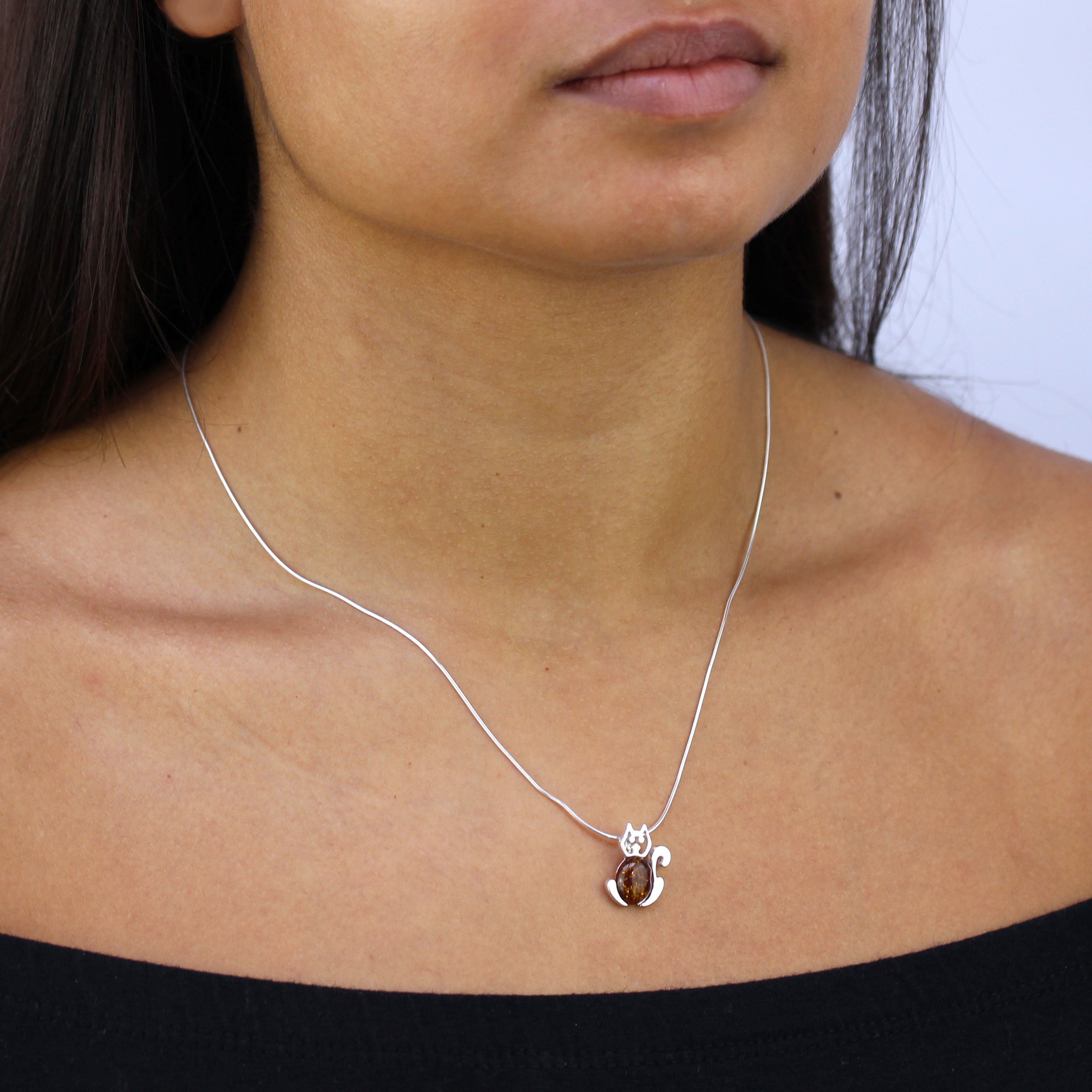 Sterling Silver & Baltic Amber Cat Outline Pendant Necklace 18 - 22 Inches
