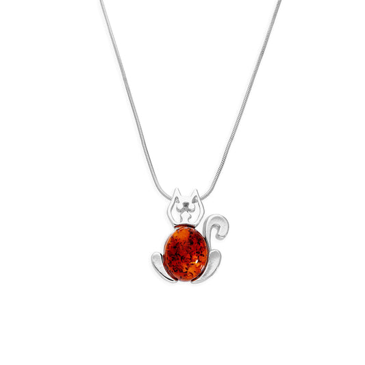 Sterling Silver & Baltic Amber Cat Outline Pendant Necklace 14 - 22 Inches